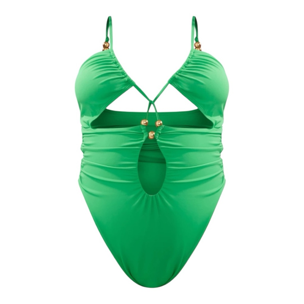 NWT | PrettyLittleThing Plus Green Bead Detail Ruched Cut Out Swimsuit - Picture 7 of 9